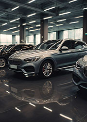 many people parked in a car showroom